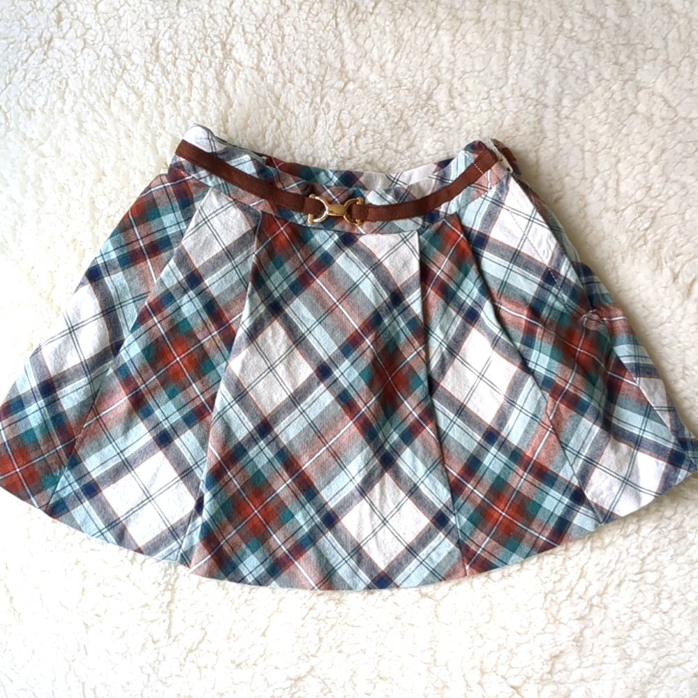 Janie and Jack Brown Blue Plaid Pleated Skirt with Belt 18-24M